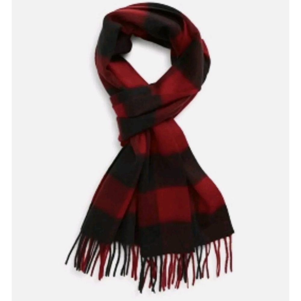 Nordstrom 100% Cashmere Fringe Red Black Plaid Scarf